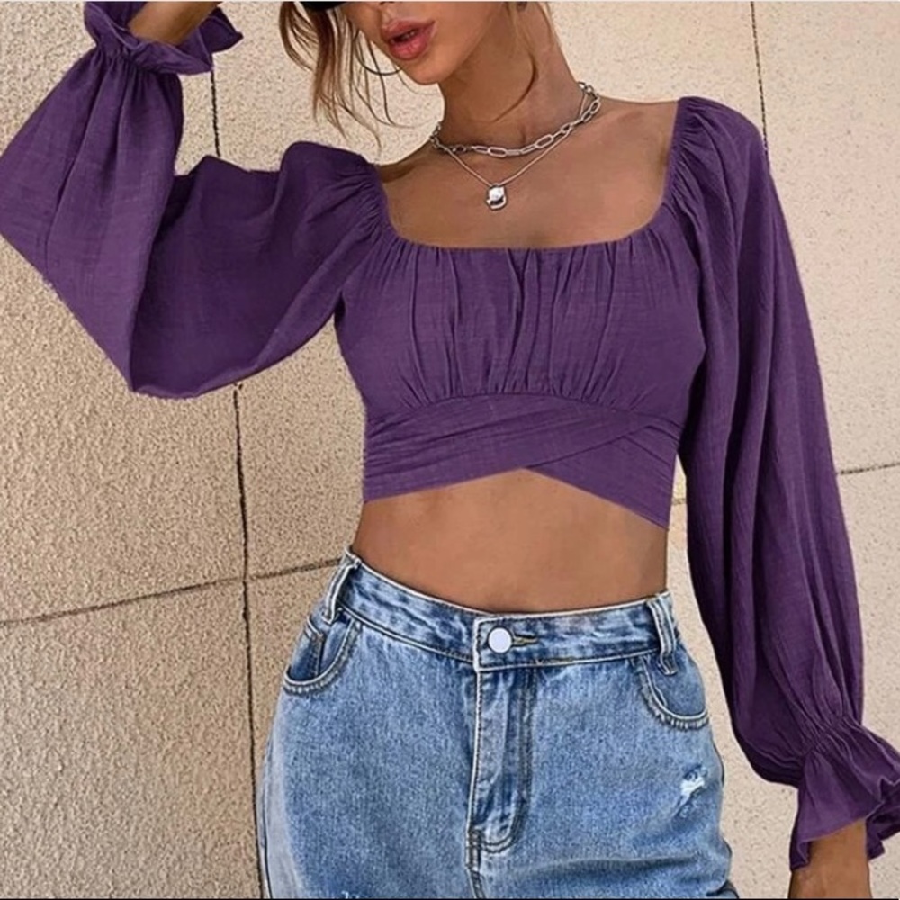 Square Neck Flounce Sleeve Tie Back Crop Milkmaid Blouse